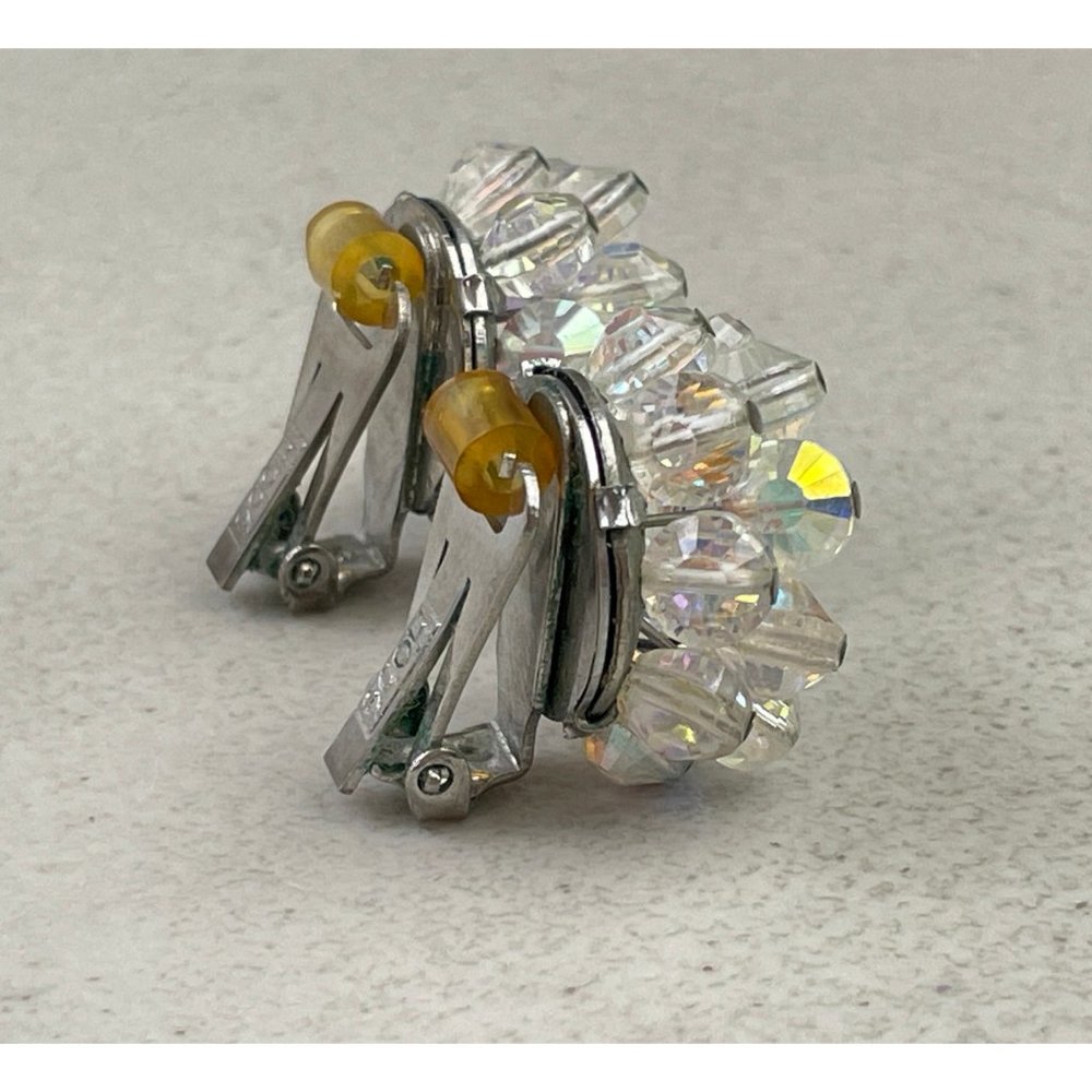 Vintage Hobe Iridescent Crystal Earrings 1960s Designer Clip Ons - Picture 2 of 3